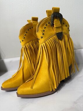 Fringe Western Ankle Boots in Mustard Yellow